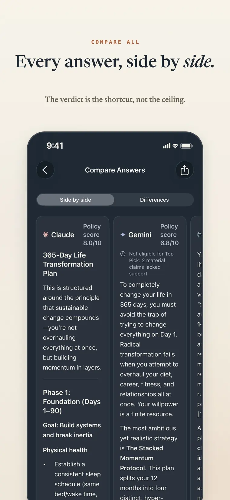 Full AI answers displayed side by side in Prism