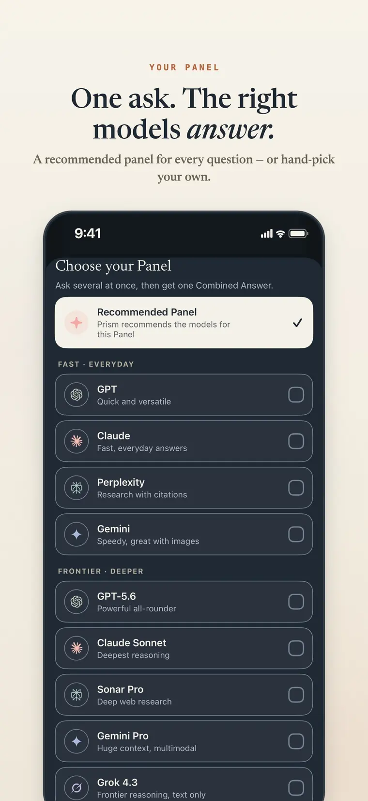Prism model panel picker with recommended and manual options